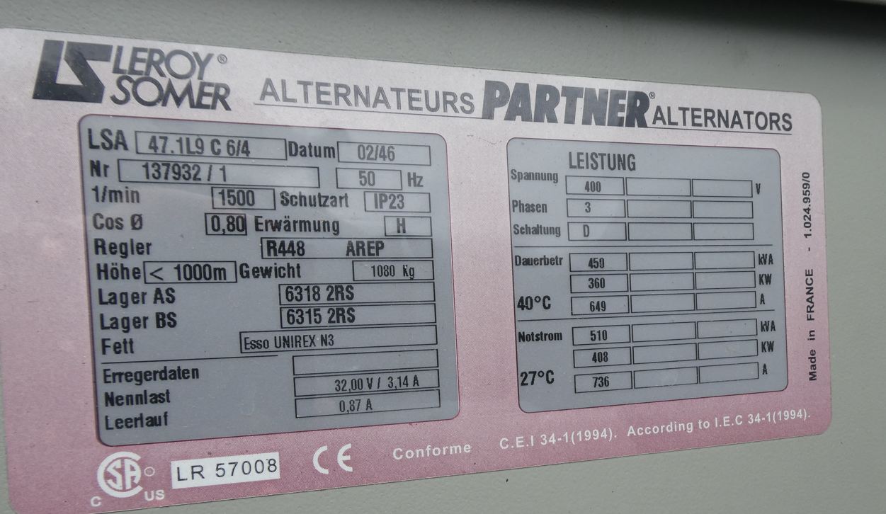 Stromaggregat 450 kVA Iveco Aifo / Leroy-Somer - Preis auf Anfrage