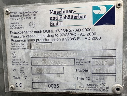 Druckbehälter 1.000 Liter aus Stahl, einwandig, gebraucht